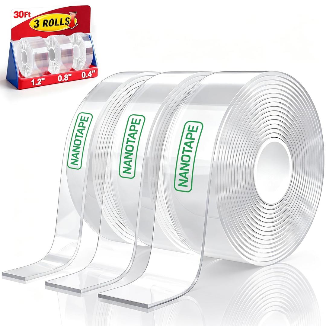3 Rolls Double Sided Tape Heavy Duty - Total 30FT, Extra Strong Nano Tape Adhesive Strips Filament Tape, Clear Mounting Tape Removable Two Sided Adhesive Tape for Walls, Posters, Rug, Picture Hanging