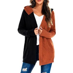 JTANIB Long Cardigan Sweaters for Women, Color Block Open Front Oversized Hooded Knit Cardigan Fall Outfits Winter Coat (M)