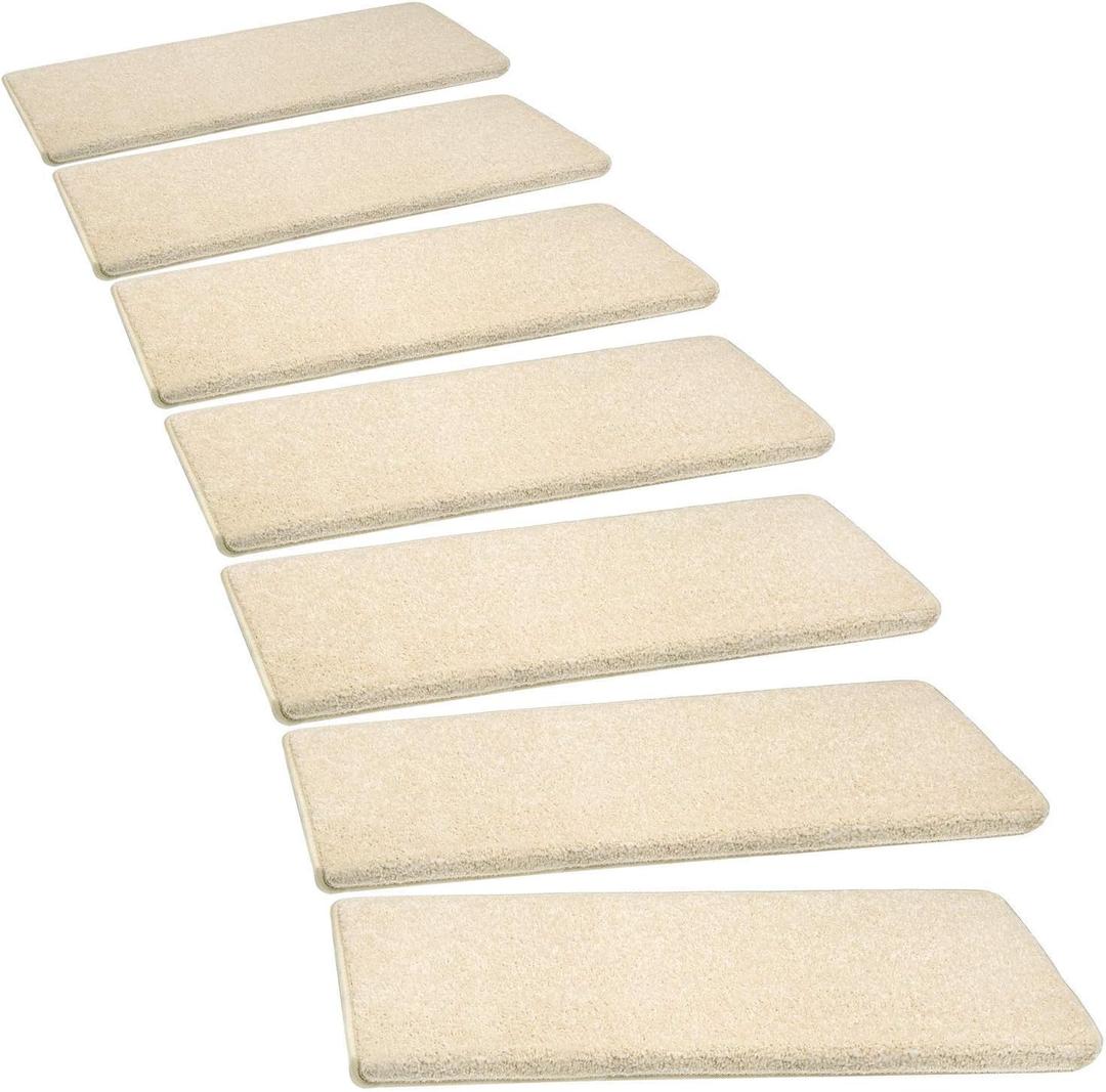 PURE ERA Bullnose Carpet Stair Treads Set Tape Free Non-Slip Indoor Stair Protectors Pet Friendly Rugs Covers Soft Skid Resistant Washable Reusable 9.5" x 30"(2 Pieces,Light Beige), 2 Pieces with Bullnose