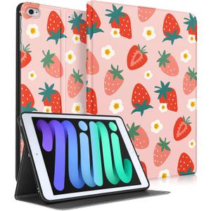 for iPad mini 5th 2019/Mini 4th 2016 Case - Smart Folio Cover (Auto Wake/Sleep) with Build-in Pencil Holder for Apple Tablet Soft PU Leather Cover for Women Girls,Strawberries