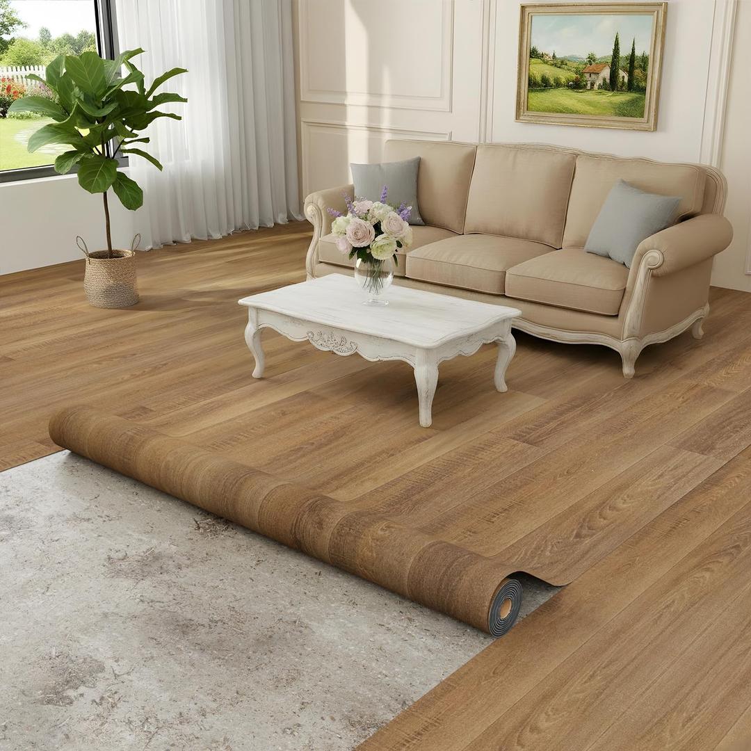 Homease 0.5mm Nature Oak Vinyl Flooring Roll 39.4" x 393.7" PET Leather-Like Waterproof Wear-Resistant Peel & Stick, Easy DIY Floor Covering for Kitchen Bathroom Rental Home, Durable