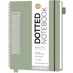 AHGXG Dotted Journal - Dot Grid Spiral Notebook 8.5" x 11", A4 Large Dotted Notebook, 100 GSM Thick Paper, Waterproof Plastic Cover Journals for Journaling, Sketching, Light Green