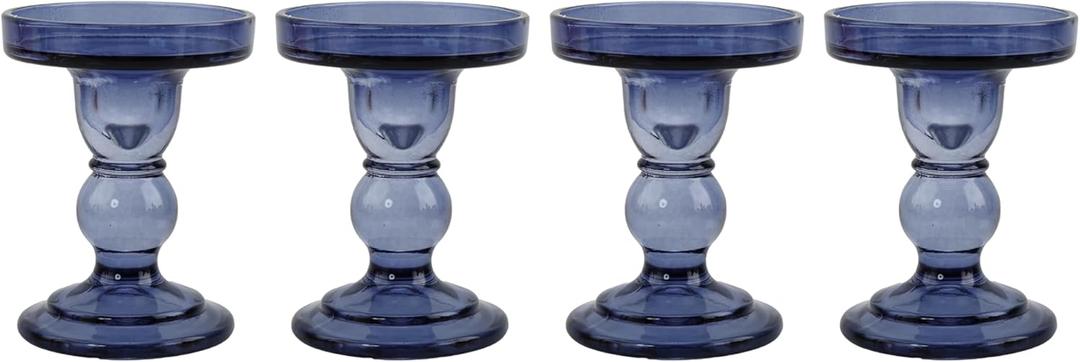 Glass Candle Holder Set of 4, Blue Candlestick Holders for Pillar Candles, 4.5" H, Candle Stand Decorations for Living Room