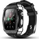 Luxury Metal Case for Apple Watch 8 7 45mm 6 44mm Band with Cover Heavy Duty Rugged Case Silicon Strap for men iWatch 6 5 4 SE 44mm Full Protective Cover (Black-Silver)