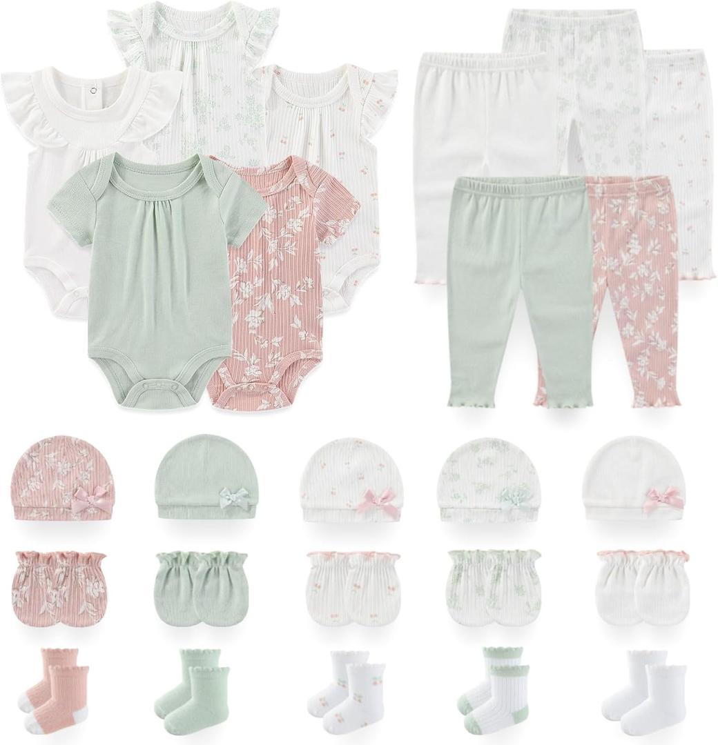 Unisex Baby Boy Girl Pant Sets Bodysuits Hats Gloves Socks Accessories 25 Pack Cotton Infant Practical Outfit (3-6 Months, White)