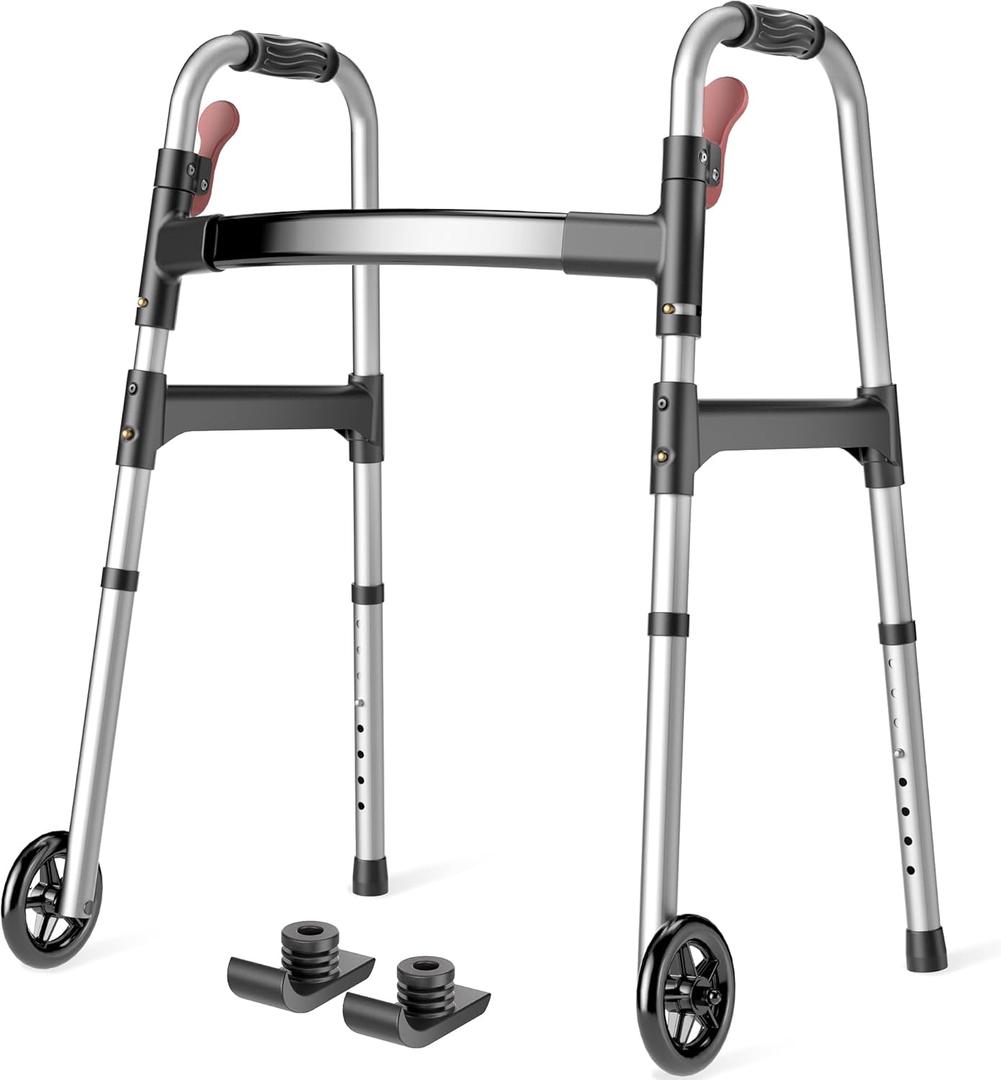 HOMLAND Folding Walkers for Seniors with Wheels, Lightweight Rolling Walker, Height Adjustable Standard Walker with Aluminum Frame, Silver