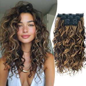 Aisaide Clip in Hair Extensions, 4PCS 16 inch Curly Hair Extensions Short Soft Natural Hairpiece Lace Weft Curly Wave Clip Ins Extensions Invisible for Women,Chocolate Brown with Light Honey Blonde
