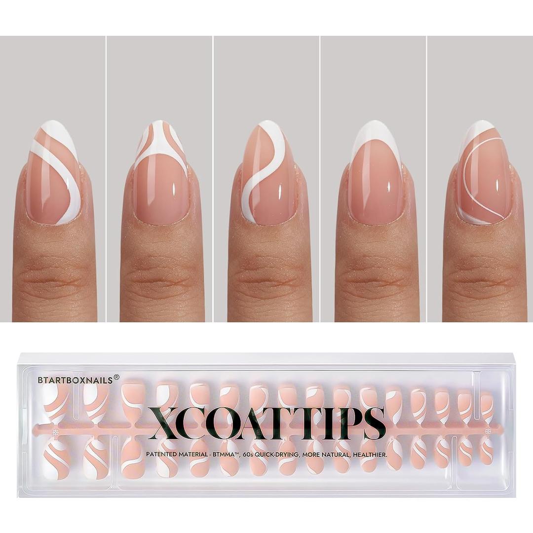 BTArtbox French Tip Press on Nails - 5 Styles XCOATTIPS Short Almond Nails, Pre-Designed Swirl Soft Gel Nail Tips, Ultra Fit False Nail, Soak Off Acrylic Fake Nails Extensions for Easy DIY Nail Art