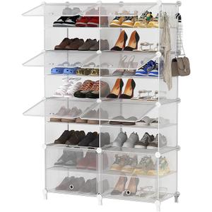 AWTATOS Shoe Rack, 8 Tier Shoe Storage Cabinet with Door, 32 Pair Shoe Organizer Shelves for Closet Hallway Bedroom Entryway, Transparent Twill