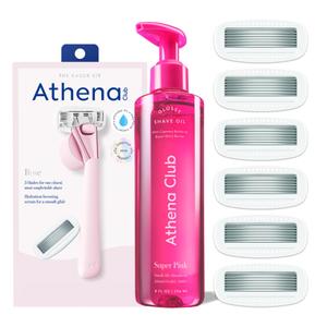 Athena Club Womens Razor Shave Kit, 5-Blade Cartridge Razor for Sensitive Skin, Serum-Infused Blades with Shea Butter and Hyaluronic Acid, Includes Handle, 6 Refills, Shower Hook, and Shave Oil (Rose)