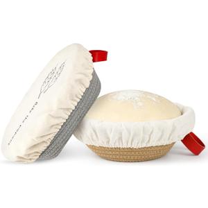 Cotton Rope Banneton Bread Proofing Basket Set, 10" Oval & 9" Round Baskets with Liners & Covers for Perfect Artisan & Sourdough Bread Baking at Home
