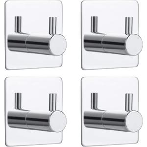 4 Pack Silver Adhesive Wall Hooks, Adhesive Chrome Hooks Bathroom Towel Hooks Chrome SUS 304 Stainless Steel Wall Hooks, Heavy Duty Waterproof Hooks, Robe Hooks for Bathroom Kitchen Bedroom