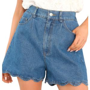 Women High Waisted Denim Shorts Elastic Back Waist Loose Fit Wave Hem Summer Casual Jean Shorts with Pockets (Blue, L)