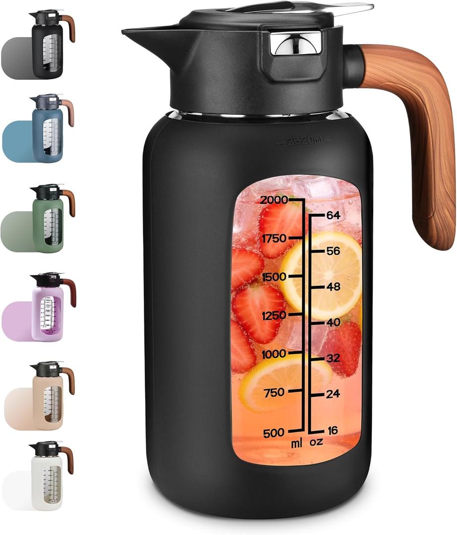 84 oz/2.5 Liter Glass Pitcher with Lid and Handle, Glass Carafe/Jug for Hot/Cold Water, Large Iced Tea Pitcher for Coffee, Juice and Homemade Beverage, Black