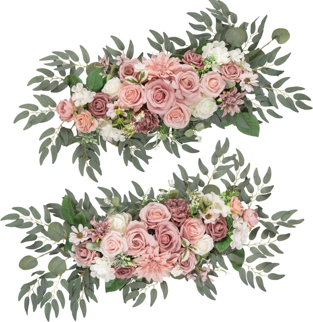 TINGE TIME Dusty Rose Flower Garlands, 2 PCS Pink Artificial Eucalyptus Garlands, Handcraft Artificial Rose Arch Flowers for Wedding Arch Sweetheart Table Ceremony Backdrop Decorations for Home