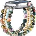 CAGOS Natural Stone Beaded Bracelet Compatible with Apple Watch Band 38mm/40mm/41mm/42mm/44mm/45mm Women Series 9 8 7 SE Series 6 5 4 Fashion Dressy Stretchy Handmade Beads Strap for iPhone iWatch Bands Series 3/2/1 (Aquatic Agate)