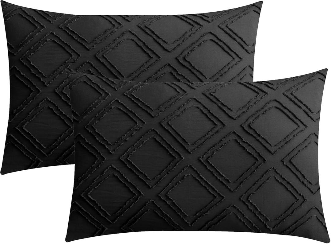 JELLYMONI Pillowcases King Size Black 2 Pack Boho Plaid Bed Pillow Covers 20x36in Polyester Envelope Pillow Shams Tufted Bohemian Textured (Pillows are not Included) (07 - Black - Grid) JELLYMONI Pillowcases King Size Black 2 Pack Boho Plaid Bed Pillow Covers 20x36in Polyester Envelope Pillow Shams Tufted Bohemian Textured (Pillows are not Included) (07 - Black - Grid)