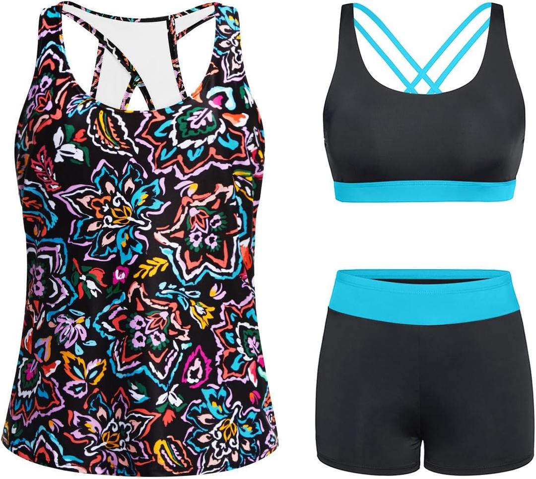 Tempt Me 3 Piece Tankini Swimsuits for Women Athletic Bathing Suits Swim Tank Top with Boy Shorts and Bra Modest Swimwear (X-Large, Colorful Paisley)