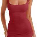 Womens 2025 Sexy Sleeveless Dress Square Neck Backless High Side Slit Ruched Bodycon Mini Dress, Size: M