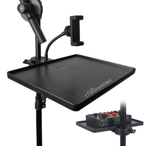 Universal Microphone Stand Tray with Phone Holder, Mic Stand Clamp-On Utility Shelf Rack Tray Holder for Music Sheet, Live Streaming, Live Broadcast, Karaoke, Recording, Music Stand Accessories
