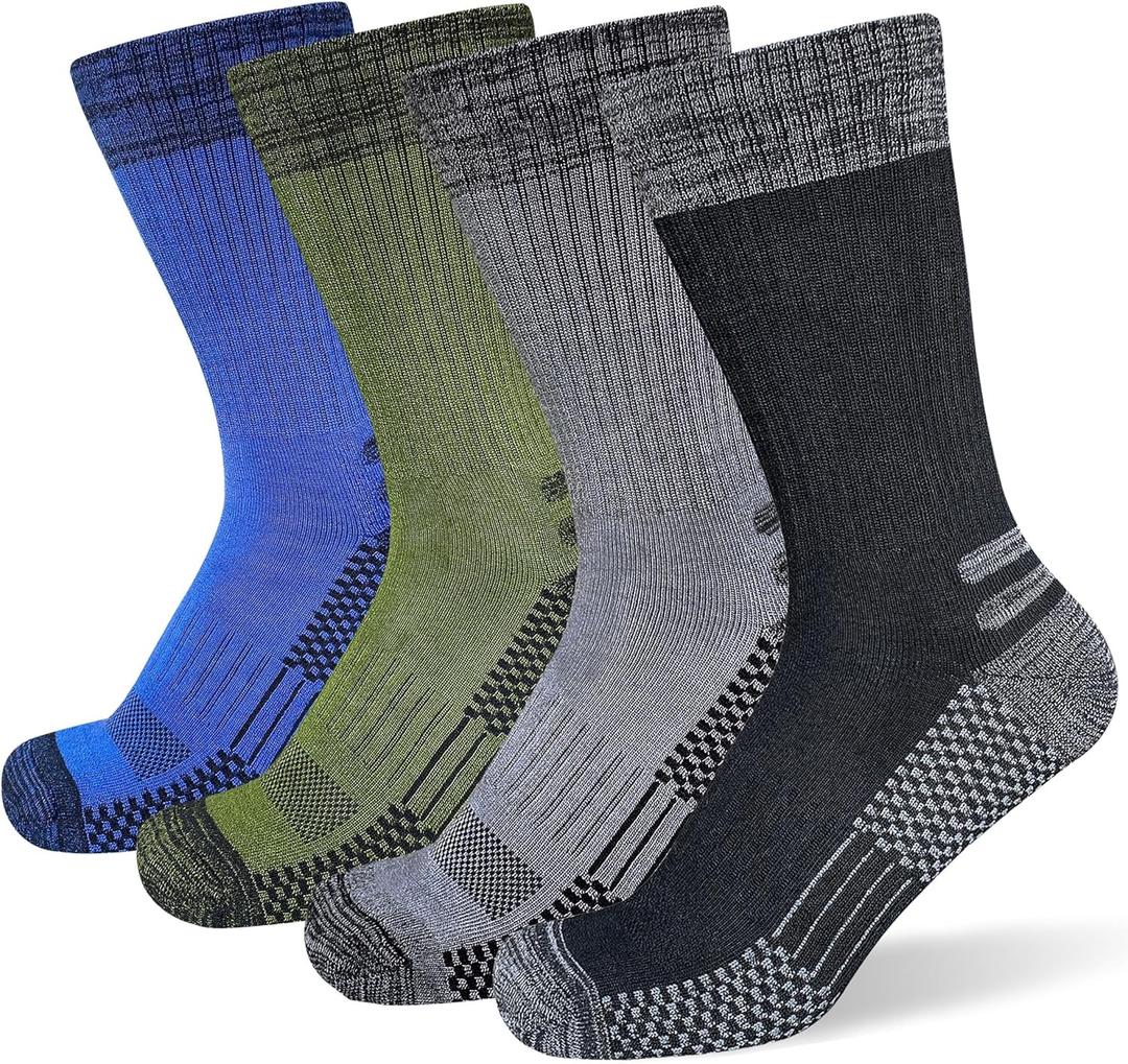 Suaskk Men's Crew Work Boot Socks, Thick Cushioned Moisture Wicking Hiking Sock 4 Pairs (9-12)