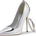 Elisabet Tang Women's Pumps Closed Pointed Toe Heels with Ankle Strap Slip on Stiletto High Heels 5 Inch for Wedding Party Sexy Dress Shoes (7, Silver Patent Leather)