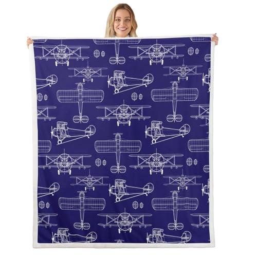 Hand-Painted Airplane Kids Throw Blanket,American Aircraft Toddler Bed Blanket for Girls Boys Adults,Air Vehicles Cartoon Fleece Blanket,Dark Blue Fuzzy Blanket,Twin Size (60 x 80 Inches)