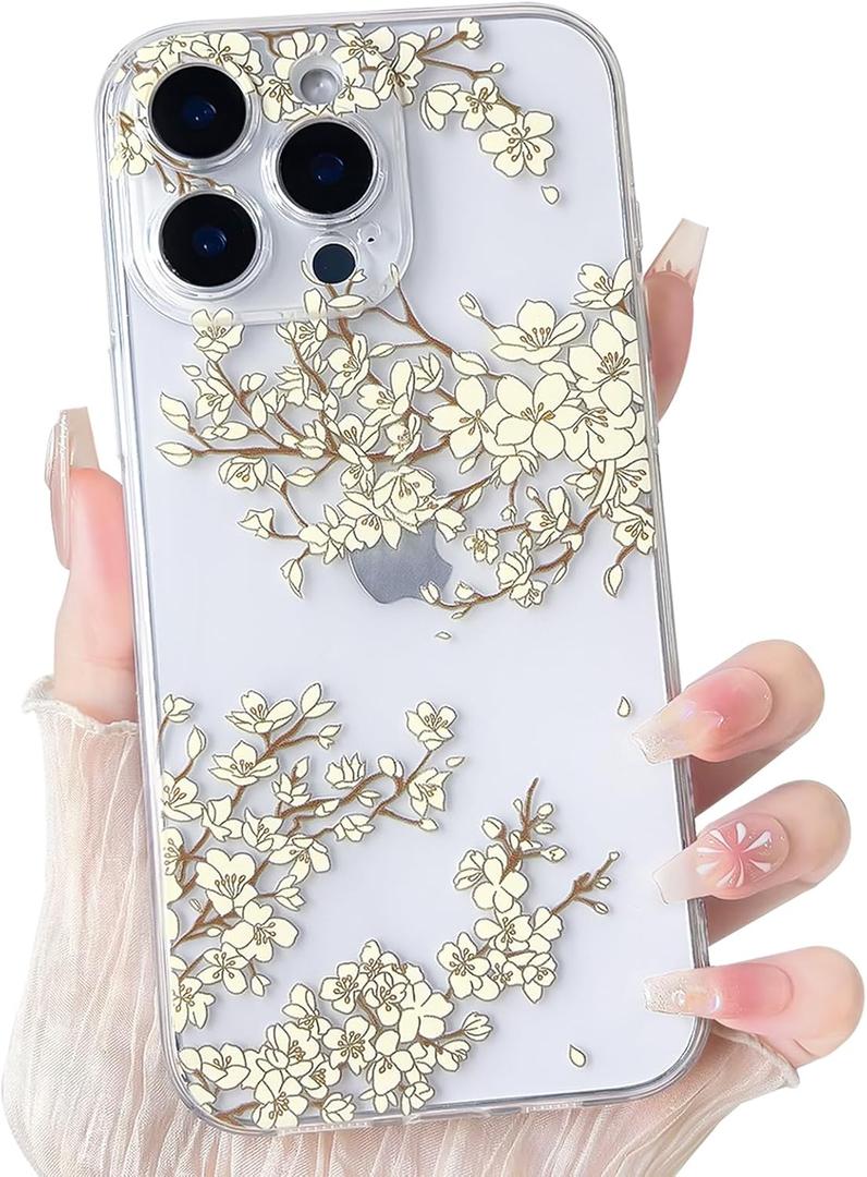 NITITOP Compatible with iPhone 14 Pro Case Clear Cute Cherry Blossom Floral Flowers Pattern for Girls Women Soft TPU Transparent Shockproof Protective Phone Cover - White