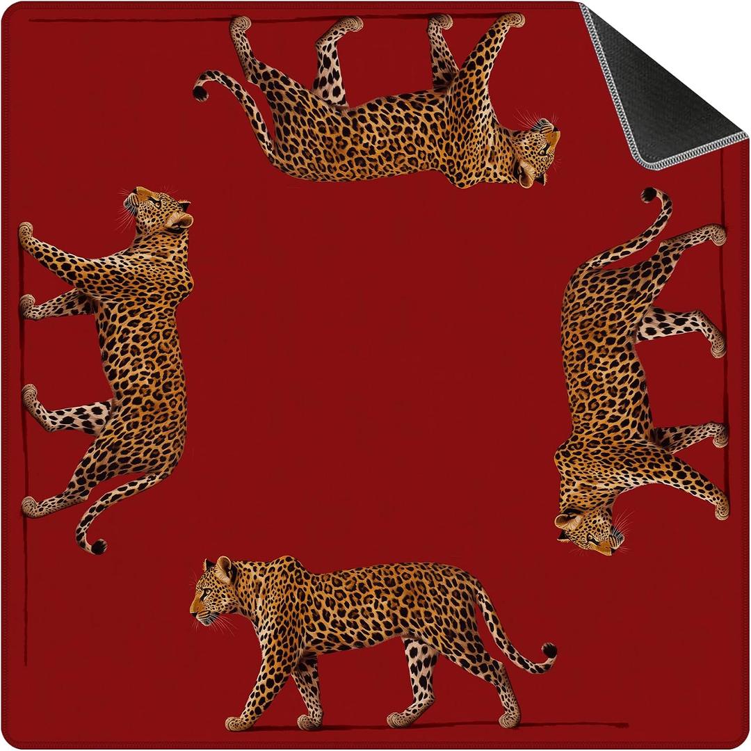 Trendy Red Leopard Mahjong Mat for Table 31.5 X 31.5 in, Leopard Mahjong Gifts for Women, Maximalist Funky Retro Eclectic Home Decor Anti-Slip Table Cover Tablecloth for Poker Board Card Tile