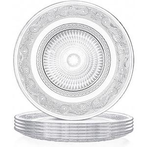Elsjoy Set of 6 Glass Dinner Plate, 10 Inch Large Serving Plate Round Clear Glass Plate, Vintage Embossed Dinnerware for Pasta, Salad, Home Wedding Decor