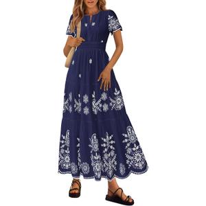 PRETTYGARDEN Summer Dresses for Women 2026 Floral Boho Maxi Spring Casual Short Sleeve V Neck Elastic Waist Dress Pockets