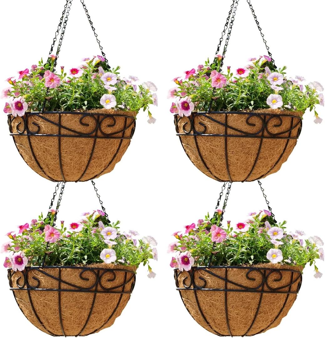 10 inch Metal Hanging Baskets For Plants Outdoor 4 Pack Round Metal Wire Hanging Basket Planter with Coco Fiber Liners Chain Round Wire Plant Holder for Garden, Patio, Deck, Porch Plants Flower Potsss