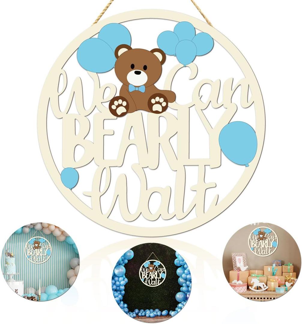 Baby Shower Decorations for Boy We Can Bearly Wait Wooden Sign for Boy Baby Shower Decorations Bear Gender Reveal Door Hanging Photo Props Teddy Bear Theme Party Supplies (Wood)