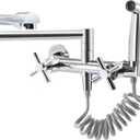 Wall Mount Kitchen Faucet with Side Sprayer, Commercial Pot Filler 8 Inch Center 2 Handles Folding Wall Mounted Faucet for Kitchen Sink, Polished Chrome