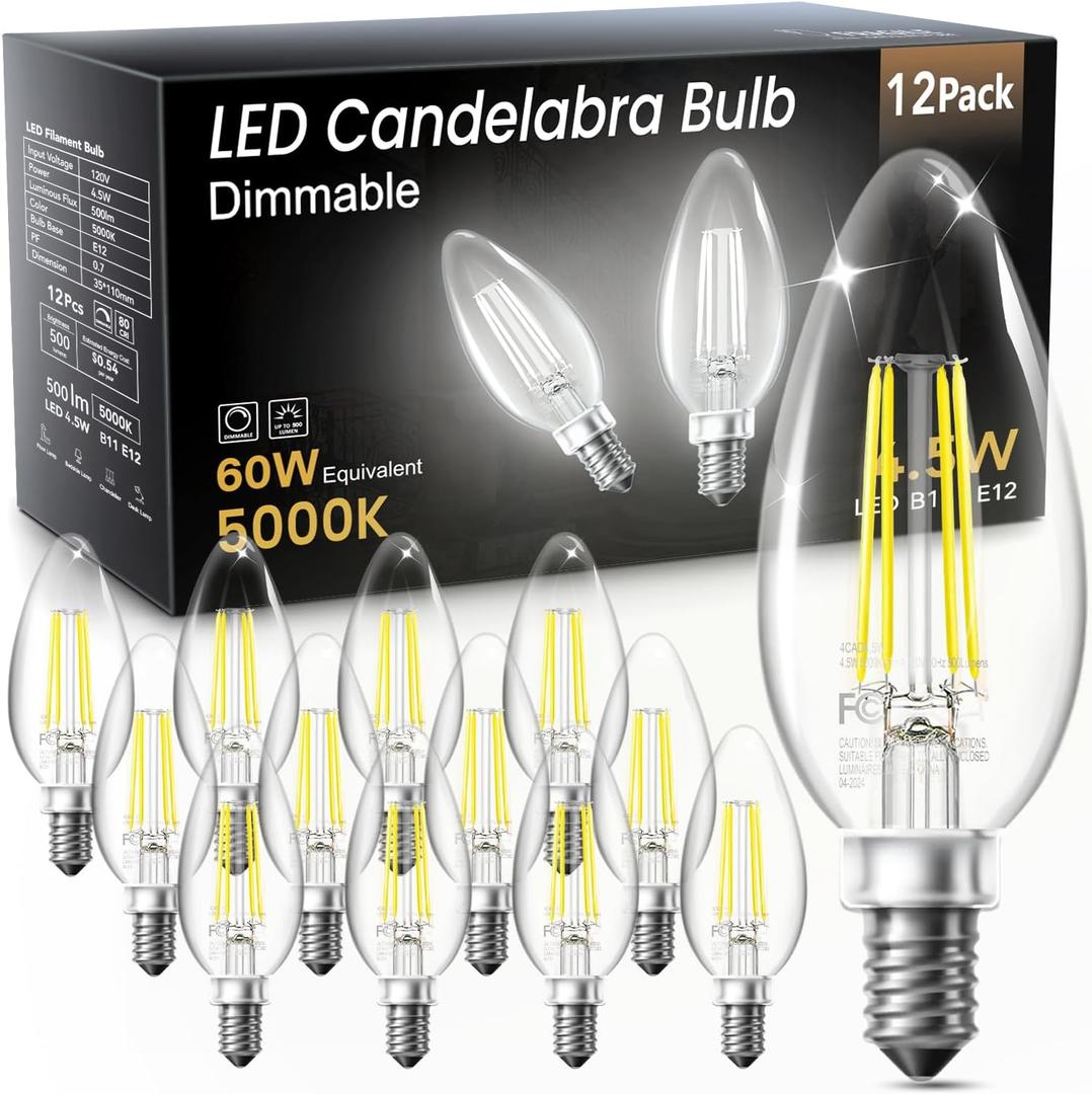 TJOY LED Candelabra Bulbs Dimmable, 60W Equivalent Chandelier Light Bulbs, 4.5W 5000K Daylight, 500LM, E12 Base, B11 Vintage LED Filament Clear Glass Candle Light for Ceiling Fan, Chandeliers,12Pack
