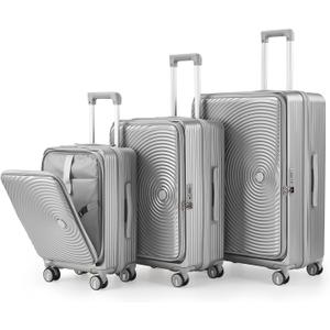3 Piece Luggage Set 100% PC Hardshell, Front Opening Expandable Suitcase (20/24/28) with Laptop Compartment & Free Custom PVC Covers, Trunk Style Lightweight Spinner Wheels TSA Lock (Silver)