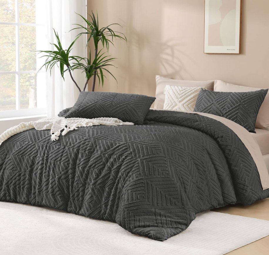 Andency Dark Grey Oversized King Comforter 120''x98'', 3 Pieces Dark Gray Soft Boho Bedding Set & Collections, Farmhouse Tufted Fluffy Shabby Chic Bed Set for All Seasons (1 Comforter, 2 Pillowcases)