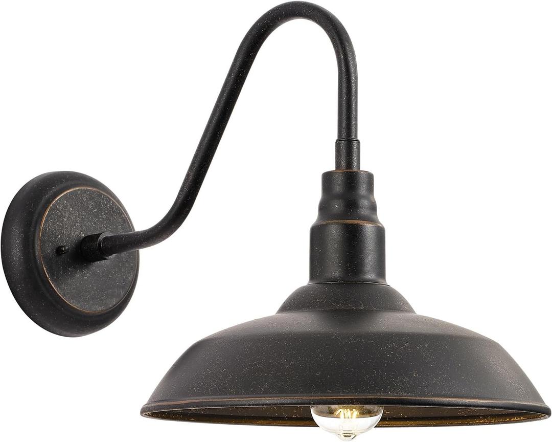 Gooseneck Outdoor Light Fixture, 10" Dome Exterior Farmhouse Lights for Barn, Bronze Porch Lighting, Gooseneck Wall Sconce for Patio Garage House