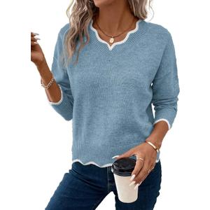 Womens V Neck Pullover Sweaters Long Sleeve Scallop Trim Knit Tops Loosed Fit 2026 Fall Outfits (Medium, Blue)