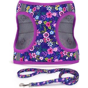 Moonpet Step in Dog Harness Leash Set- All Weather Reflective No-Pull Floral Pattern Padded Mesh Vest Harness for Cats Puppy Extra-Small Small Medium Large Dogs - Dark Flower - XL (XL:neck 17.3-22.8,chest 25.2-31.5)