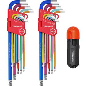 TOMMARS 26-PC Allen Wrenches Set Magnetic Ball End Extra Long Arm Allen Key Set With T-Handle Color Coded Hex Key Set SAE(0.05-3/8") Metric(1.27mm-10mm)