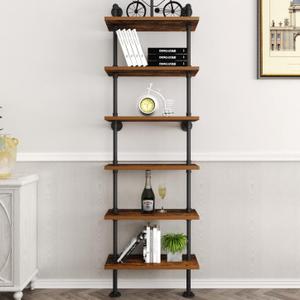 HOMEKAYT Industrial Pipe Shelf Rustic Wood Wall Shelf Ladder Bookshelf Wall Mounted Storage Decor Shelf for Home, Office, Living Room(6-Tier)-Black, 24''L