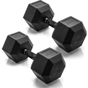 CAP Rubber Coated Dumbbell Weights, Free Weights for Home Gym Strength Training, Anti-Roll Hex Dumbbells with Black, Chrome & Comfort Grip Handles, Pairs & Sets, Style: Black Handle, Size: 45 lb - Pair
