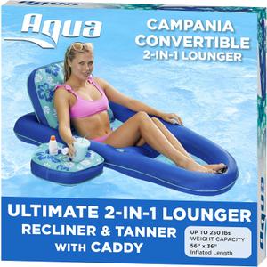 Aqua Campania Ultimate 2-in-1 Pool Float Lounge  Extra Large  Inflatable Pool Floats for Adults with Adjustable Backrest & Cupholder Caddy  Multiple Colors/Styles
