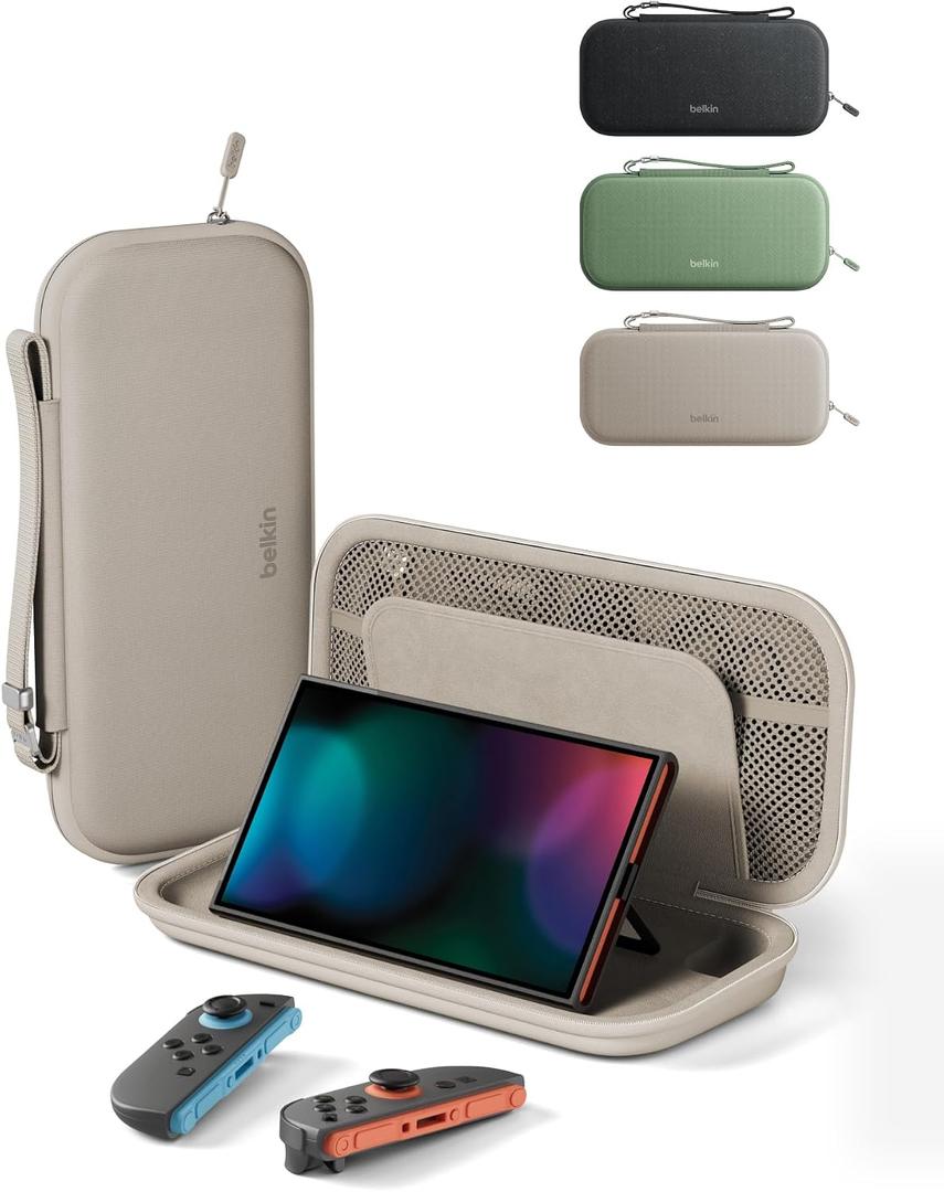 Belkin Nintendo Switch 2 Case, Travel Bag w/AirTag Holder & Storage Pocket for Up to 12 Game Cards - Portable, Lightweight Carrying Case w/Hard Shell, Soft Interior, Switch 2 Accessories - Sand