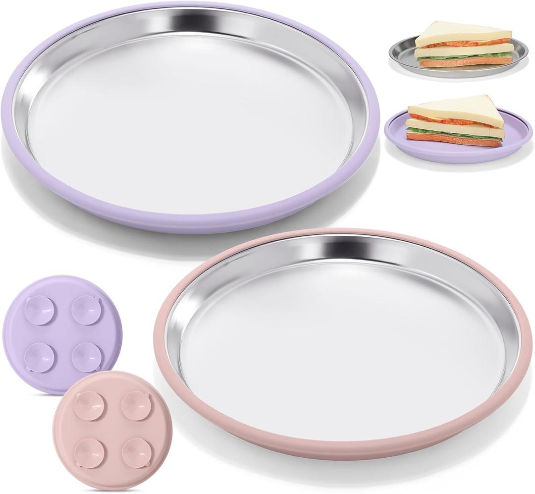 Nuogo 2 Pack 304 Stainless Steel Toddler Plate with Suction 9" Metal Plates with Removable Silicone Shell for Kids Non Slip Unbreakable Toddler Dinner Snack Dish for Dishwasher (Pink,Purple)