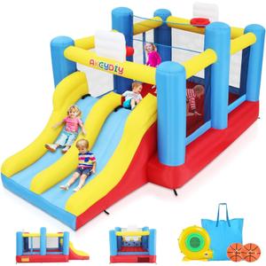 AKEYDIY Inflatable Bounce House, Outdoor Indoor Bouncy House with Blower for Kids, Sports Ball Game Theme Park Bouncer w/Double Slide, Large Bounce Area, 2 Basketball Hoops, Removable Volleyball Net