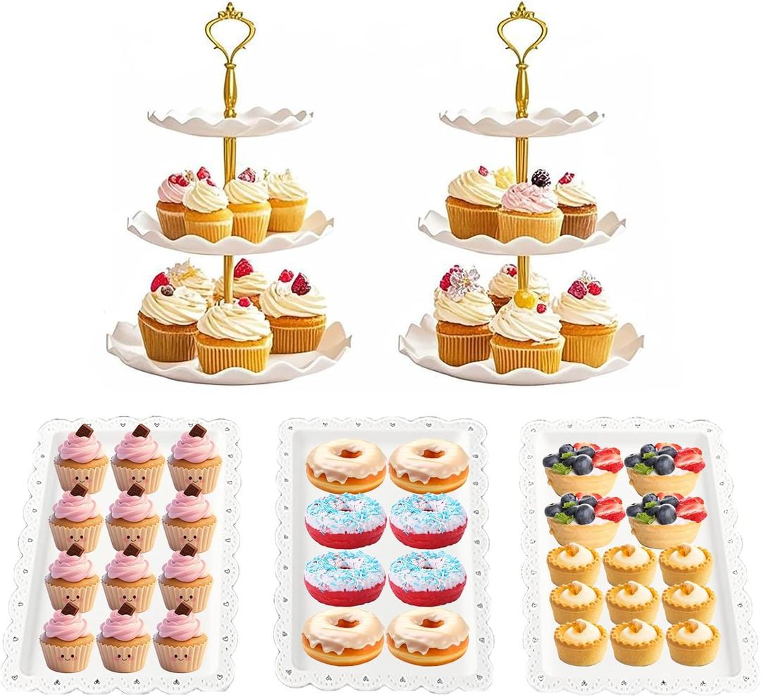 5 Pieces Cupcake Stand Set, 2 PCS 3 Tier Cupcake Stands with 3 Pieces Appetizer Trays Dessert Table Display Set for Mother's Day, Party, Tea Party and Wedding