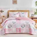 Joyreap 3 Pieces Floral Patchwork Quilt Set Queen, Pink n White Flowers Design, Soft n Cozy Microfiber Quilt, Bedspread Bed Cover for All Season, 1 Quilt and 2 Pillow Shams- 90x90 inches