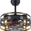 Asyko Caged Ceiling Fans with Lights - Black Farmhouse Ceiling Fan Light with 6 Speeds, Reversible Silent Motor, Modern Low Profile Indoor/Outdoor Fan Light for Bedroom, Bulbs Not Included